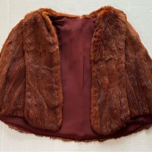 Vintage 1950s Mahogany Mink Fur Cape w/ Satin Lining Crop Jacket Shoulder Shawl